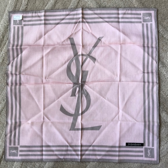 New Yves Saint Laurent Bandana Handkerchief Scarf YSL Logo Stripe Border Pink - Picture 1 of 2